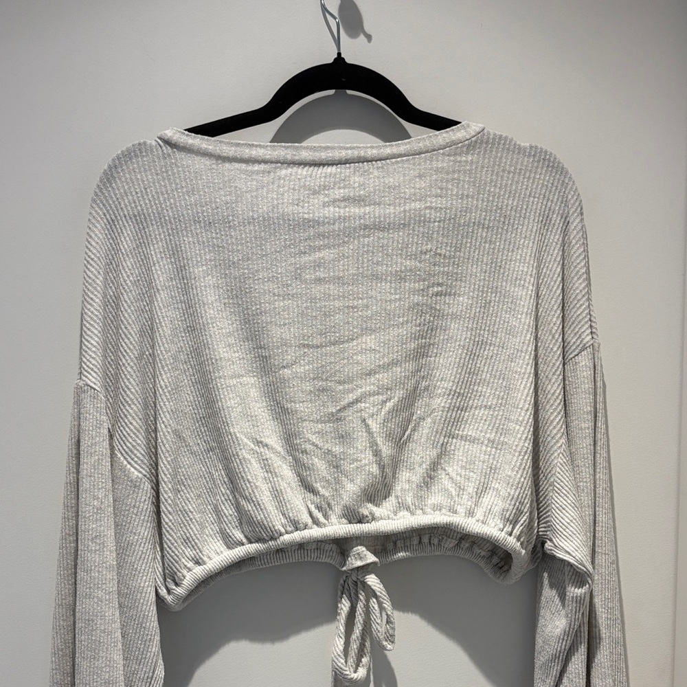 Audrey 3+1 White Ribbed Long-Sleeve Tie-Front Crop Top - Picture 6 of 6